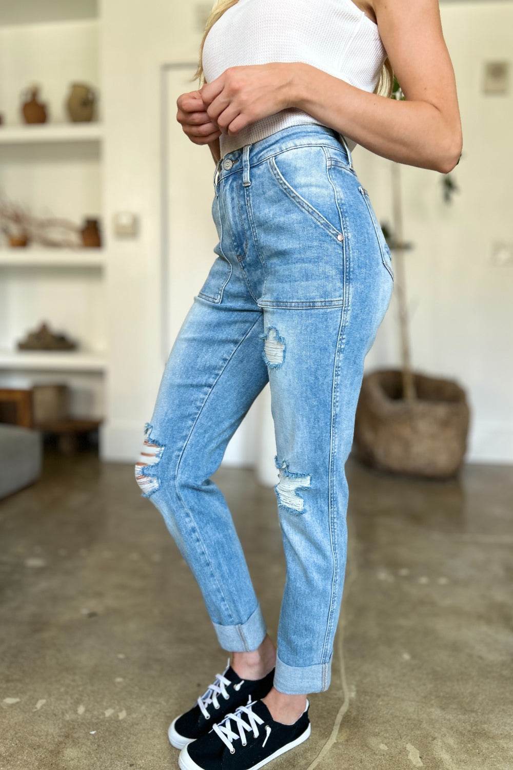Judy Blue Full Size Distressed Straight Jeans with Patch Pockets - DaTrendStore.Com