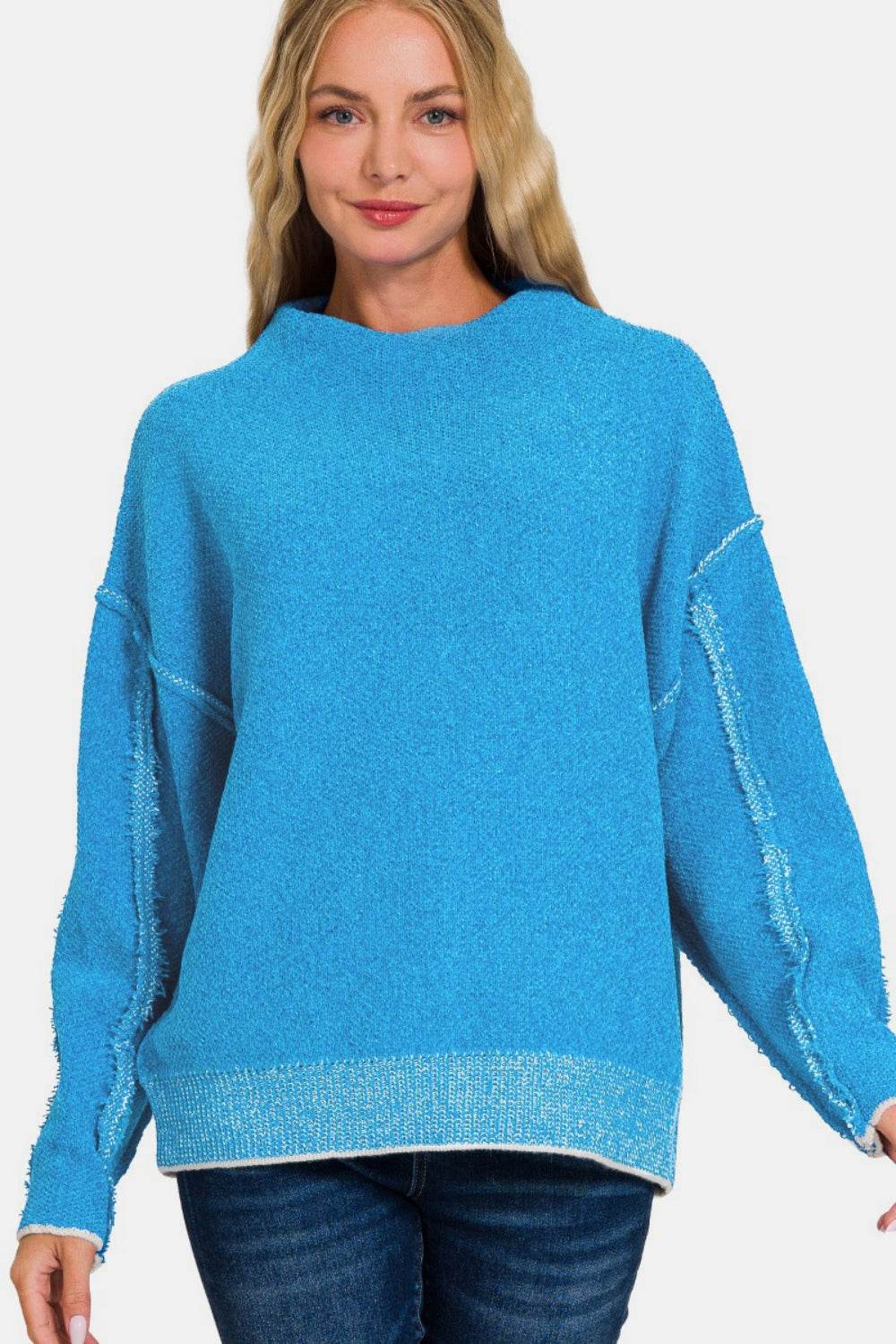 Zenana Exposed Seam Mock Neck Long Sleeve Sweater - DaTrendStore.Com