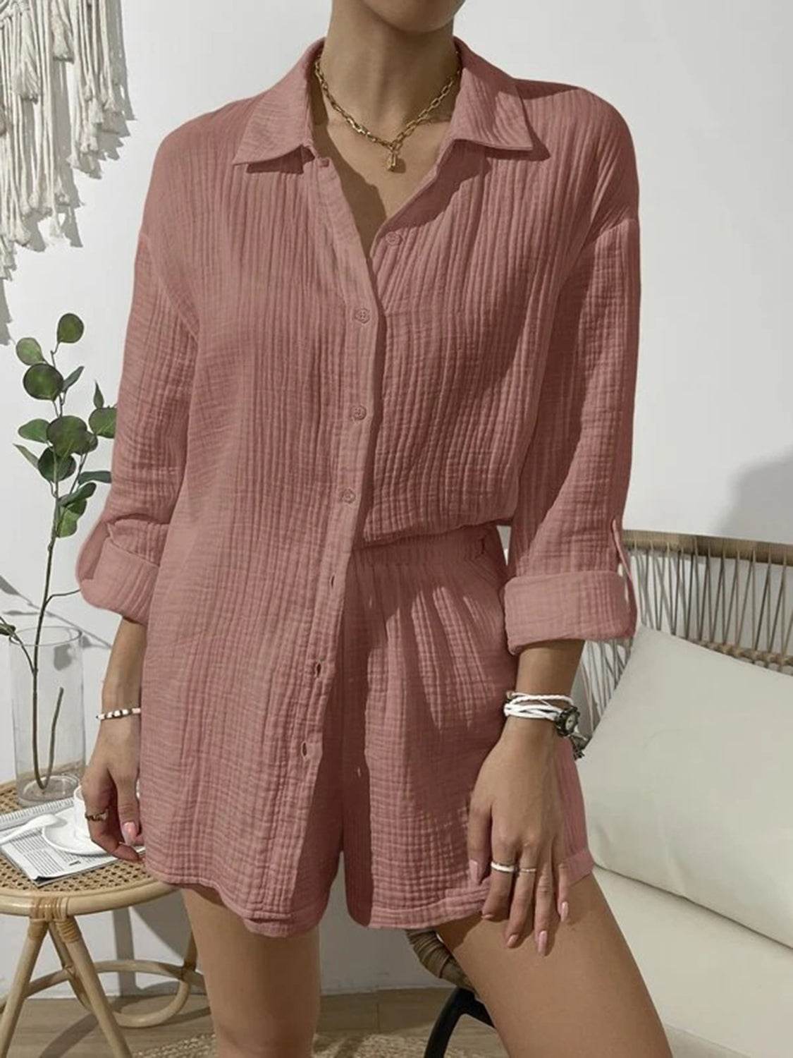 Dropped Shoulder Button Up Top and Elastic Waist Shorts Set - DaTrendStore.Com