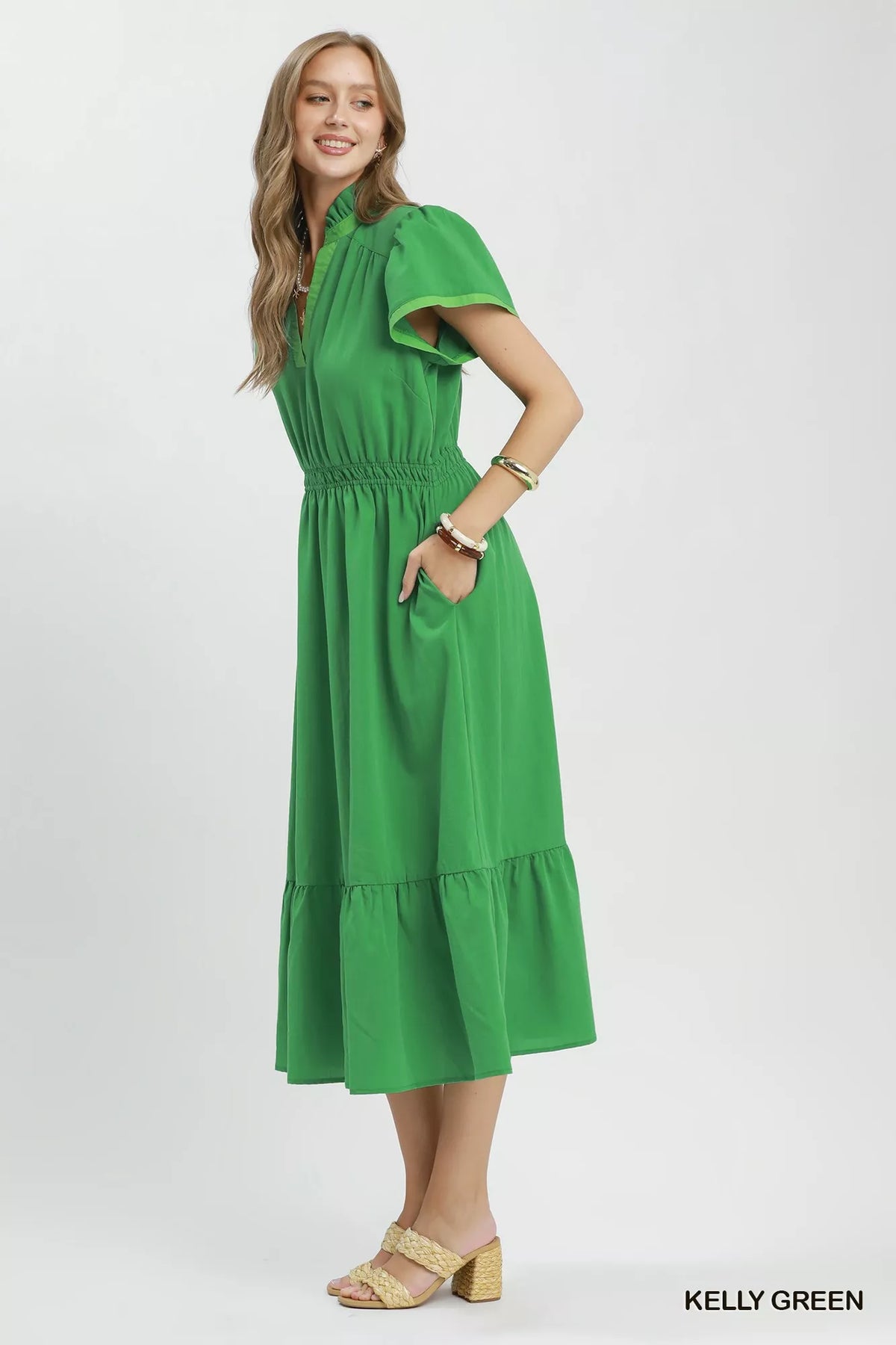 Umgee Contrast Trim Midi Dress with Tiered Ruffle Hem - Kelly Green
