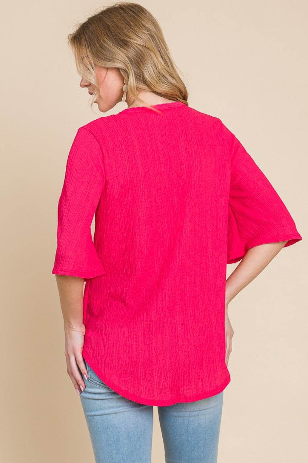 BOMBOM Texture Decorative Button V-Neck Top - DaTrendStore.Com