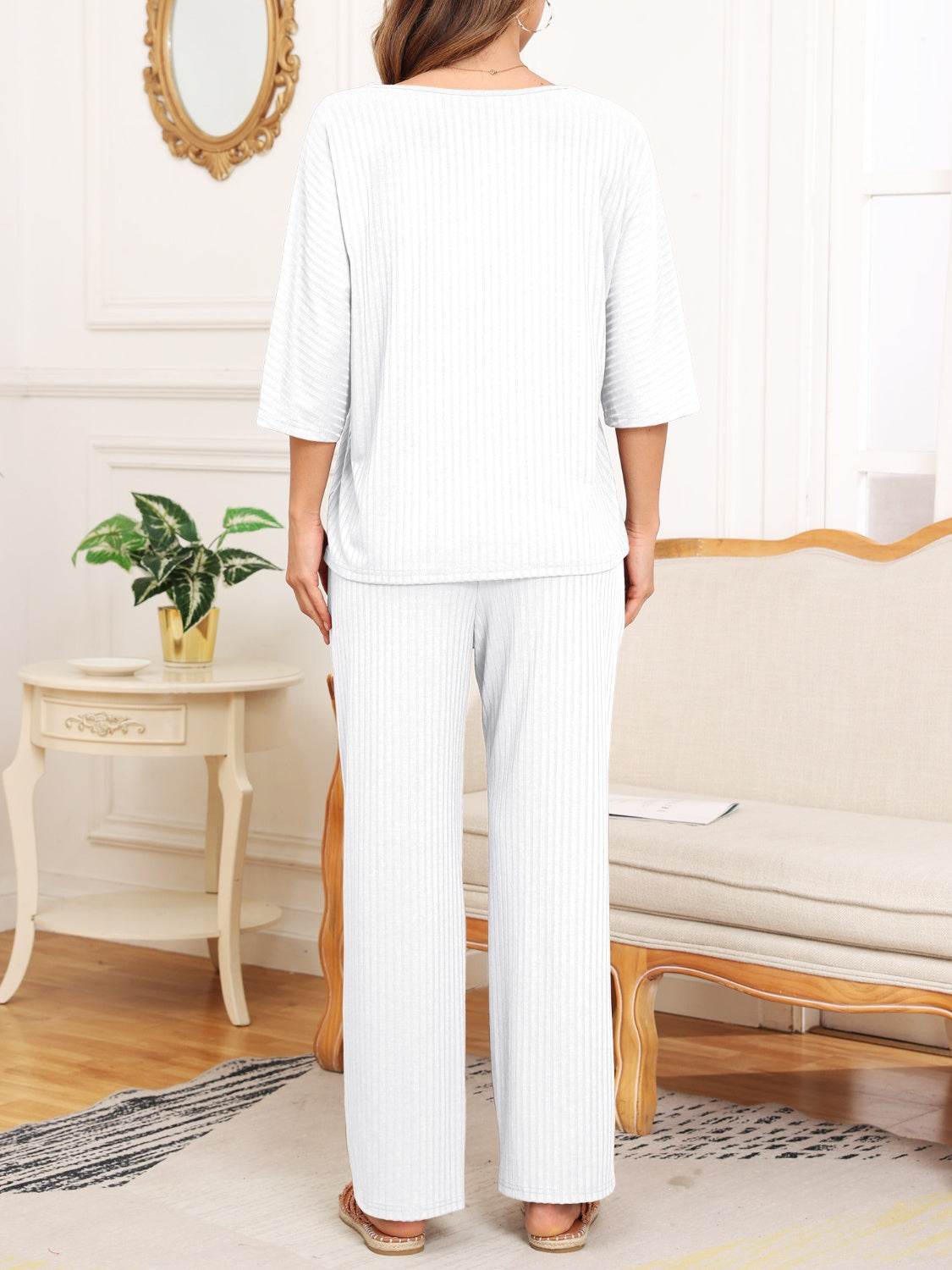Ribbed Half Sleeve Top and Pocketed Pants Set - DaTrendStore.Com