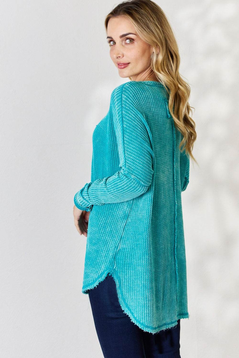 Zenana Oversized Washed Waffle Long Sleeve Top - DaTrendStore.Com