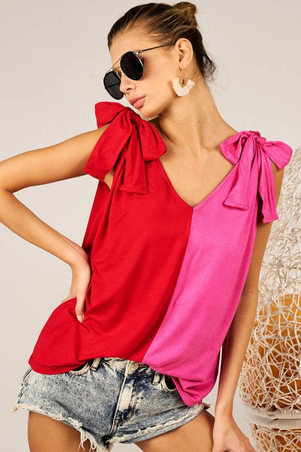 BiBi Shoulder Ribbon Tied Contrast Tank - DaTrendStore.Com