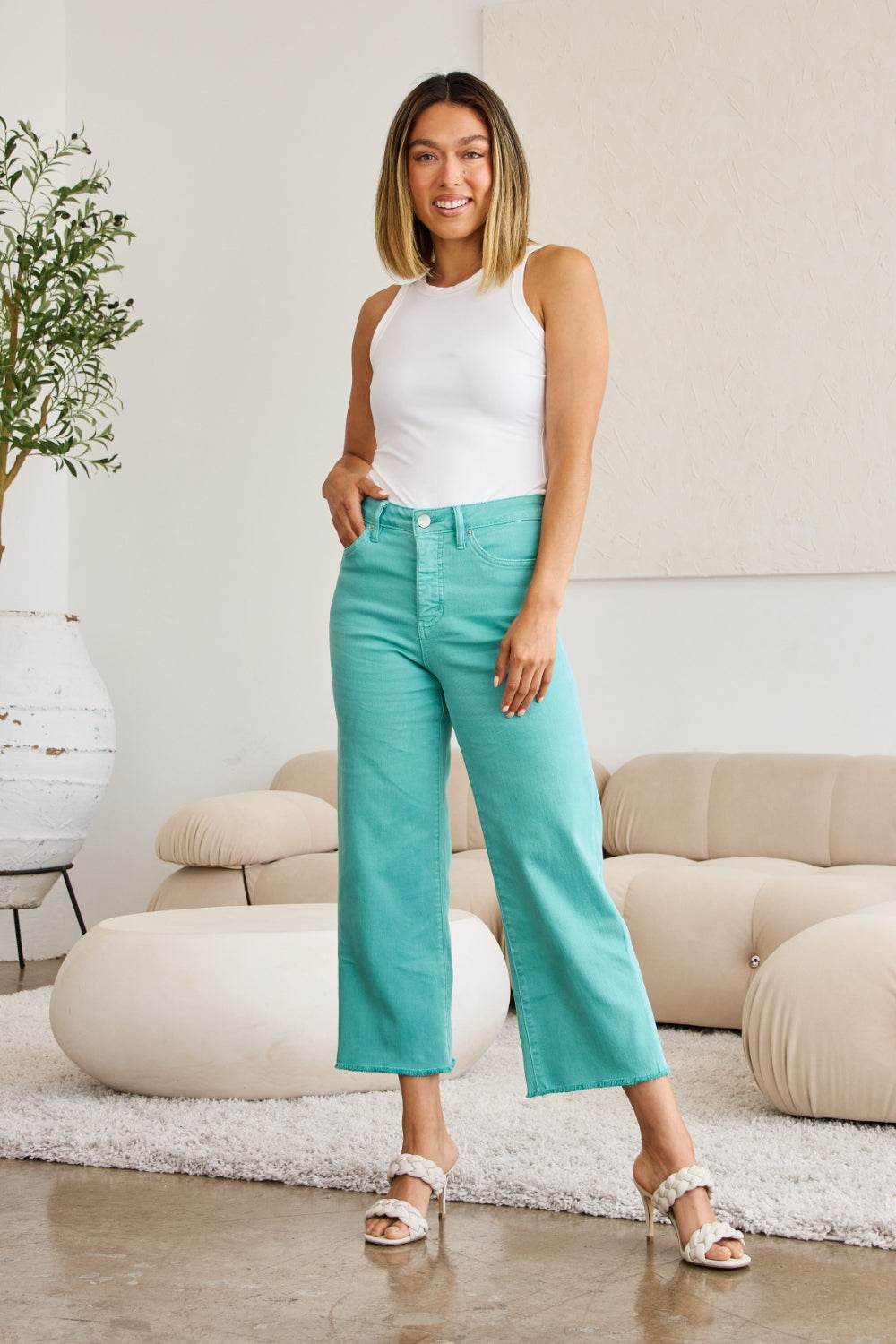 RFM Crop Chloe Full Size Tummy Control High Waist Raw Hem Jeans - DaTrendStore.Com