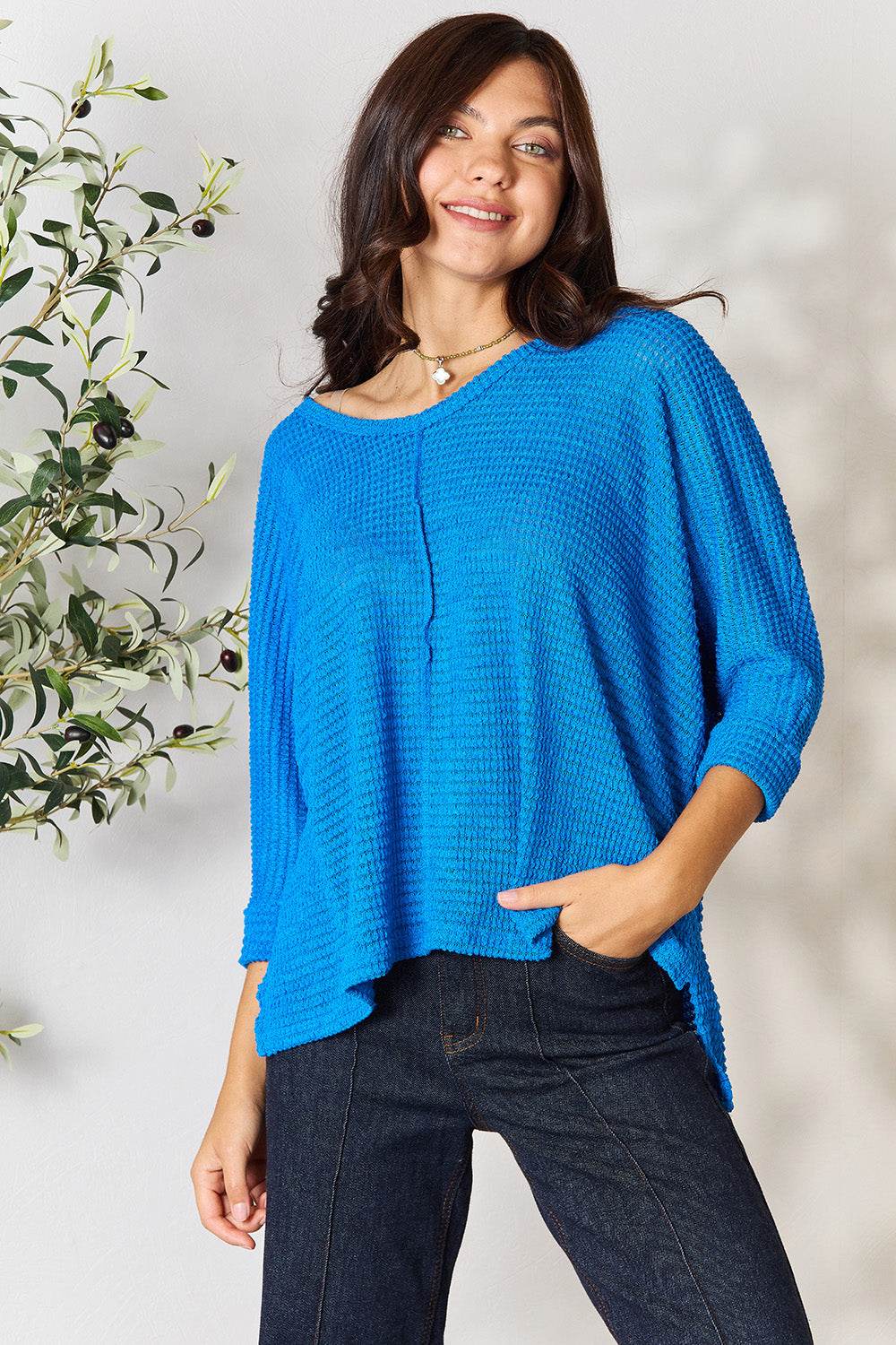 Zenana Full Size Round Neck High-Low Slit Knit Top - DaTrendStore.Com