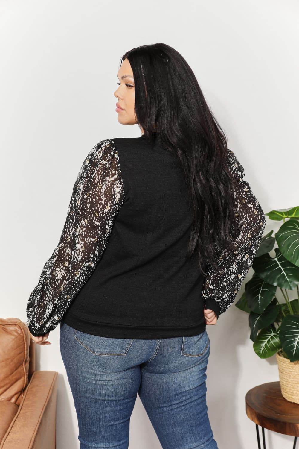 And The Why Full Size Foil Printed Sleeve Top - DaTrendStore.Com
