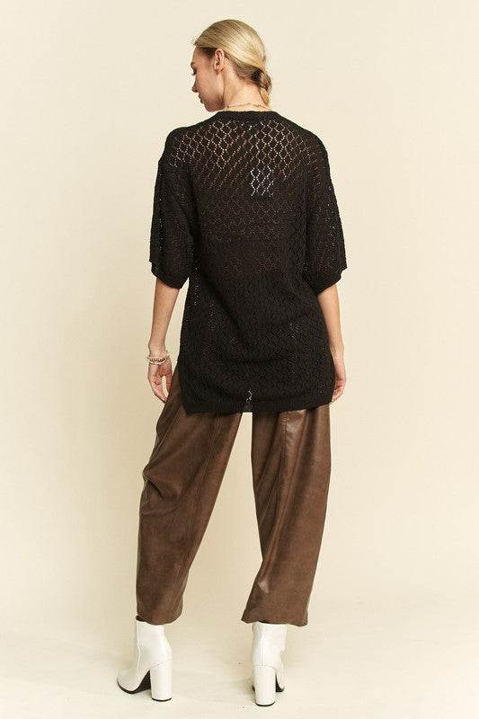 Davi & Dani Side Slit Openwork Round Neck Half Sleeve Knit Cover Up - DaTrendStore.Com