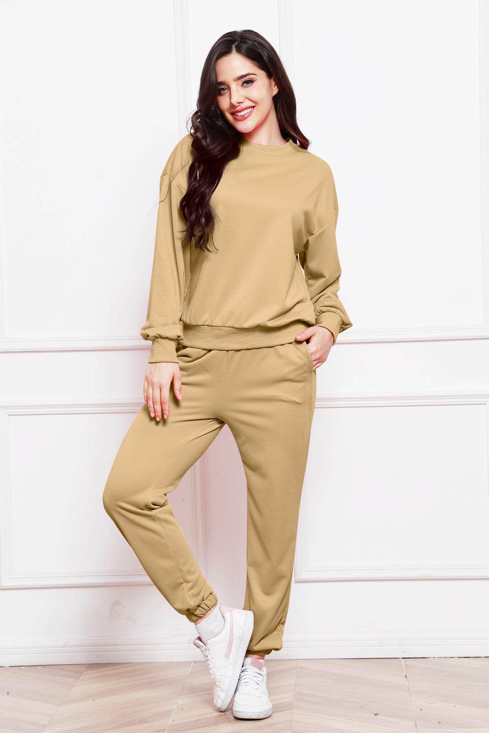 Round Neck Long Sleeve Sweatshirt and Pants Set - DaTrendStore.Com