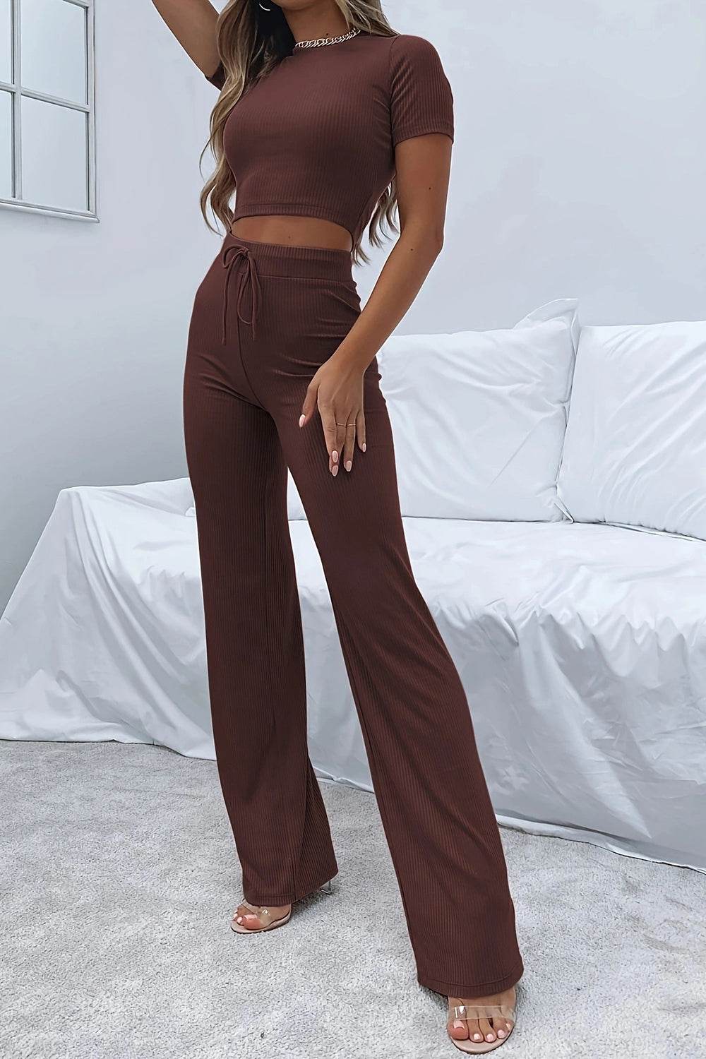 Round Neck Short Sleeve Top and Pants Set - DaTrendStore.Com