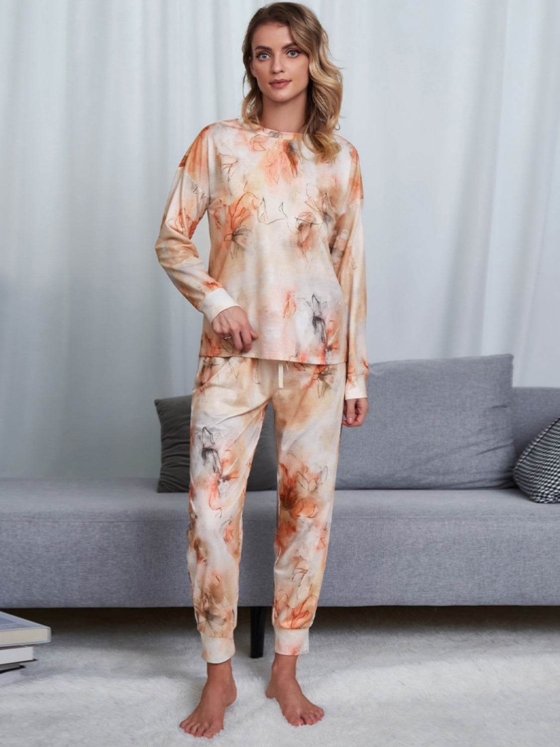 Shiny Tie-Dye Round Neck Top and Pants Lounge Set - DaTrendStore.Com