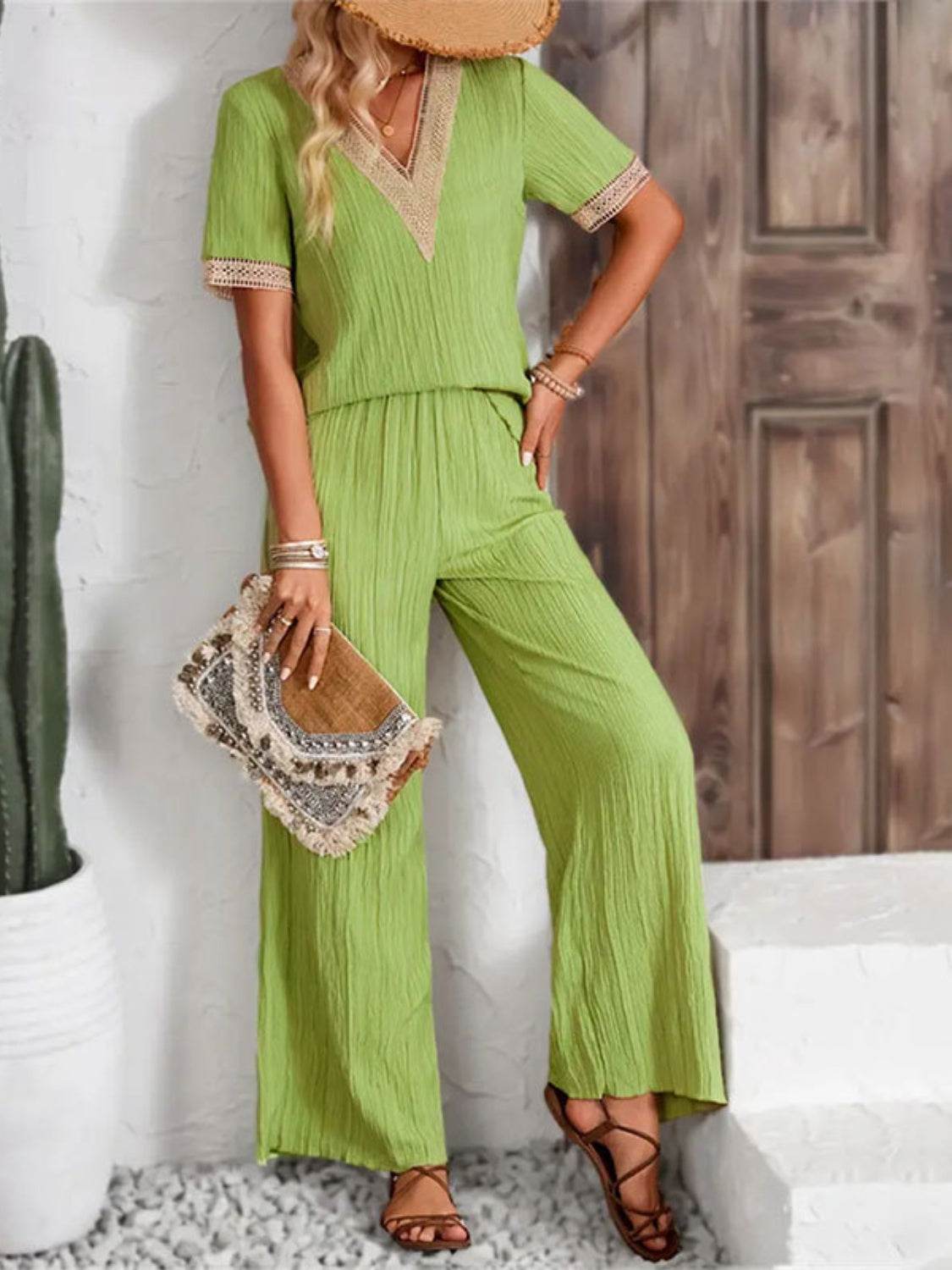 V-Neck Short Sleeve Top and Pants Set - DaTrendStore.Com