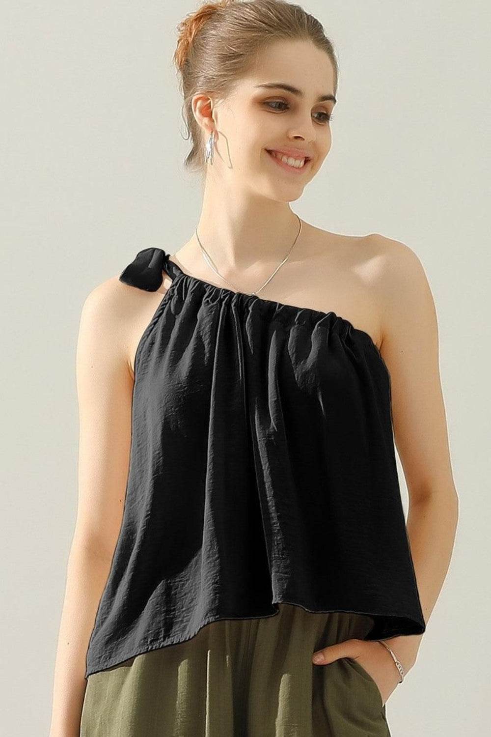 Ninexis One Shoulder Bow Tie Strap Satin Silk Top - DaTrendStore.Com