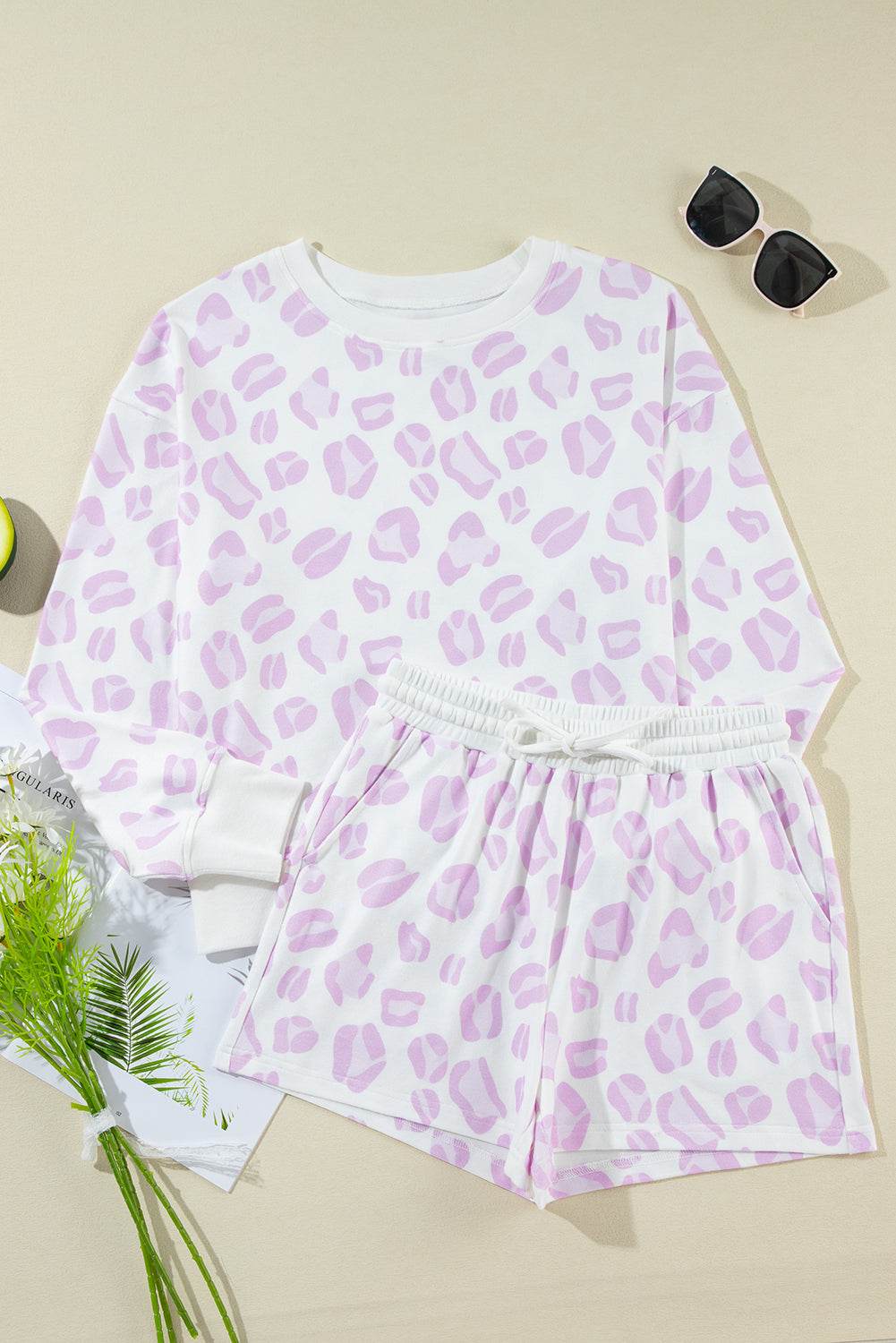 Leopard Long Sleeve Top and Drawstring Shorts Lounge Set - DaTrendStore.Com