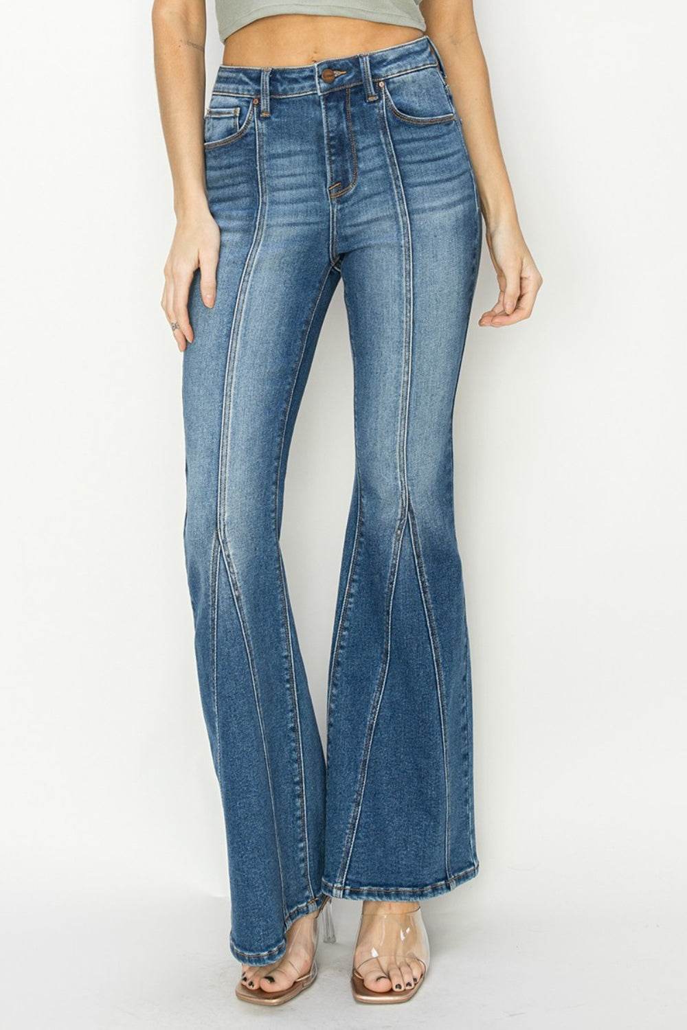 RISEN Full Size High Rise Front Seam Detailed Flare Jeans - DaTrendStore.Com