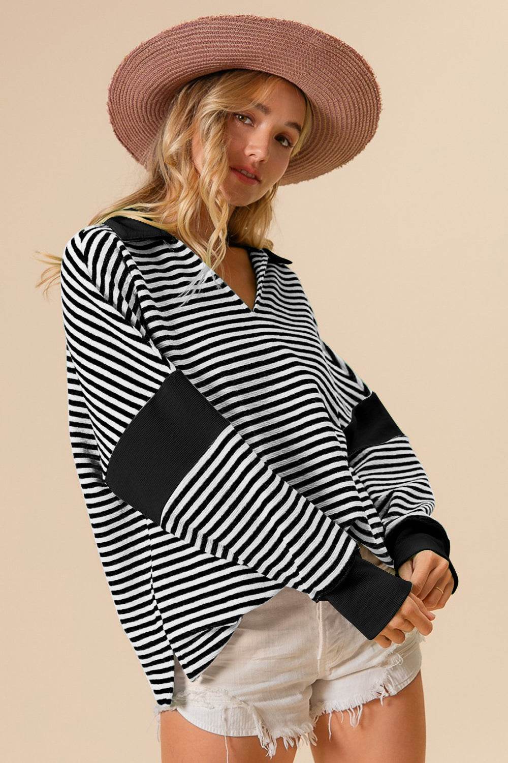 BiBi Striped Contrast Long Sleeve Knit Top - DaTrendStore.Com