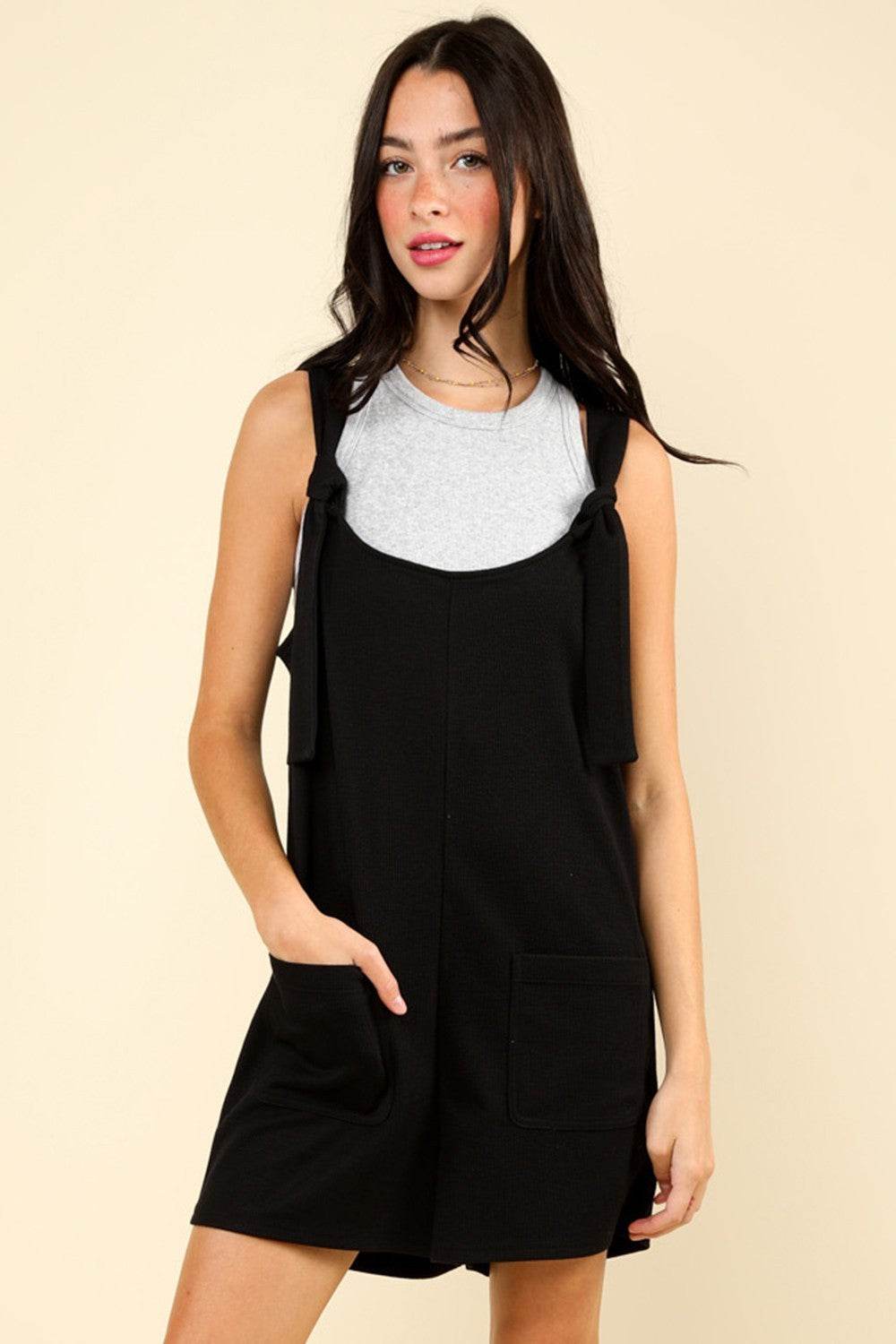 VERY J Tie Shoulder Front Pocket Romper - DaTrendStore.Com