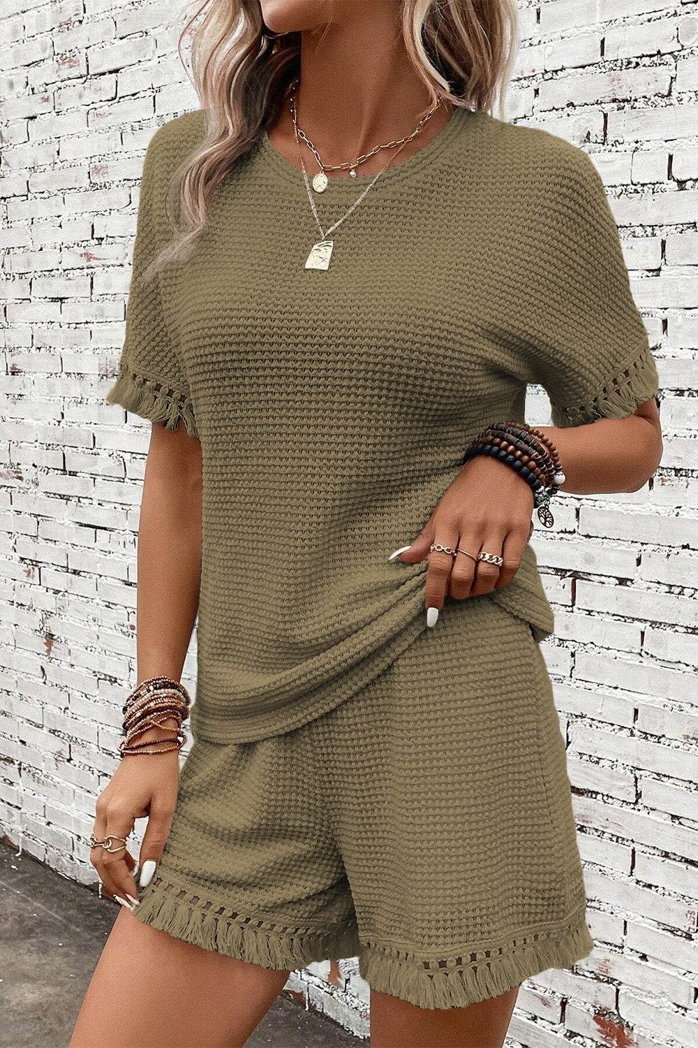 Tassel Round Neck Top and Shorts Set - DaTrendStore.Com
