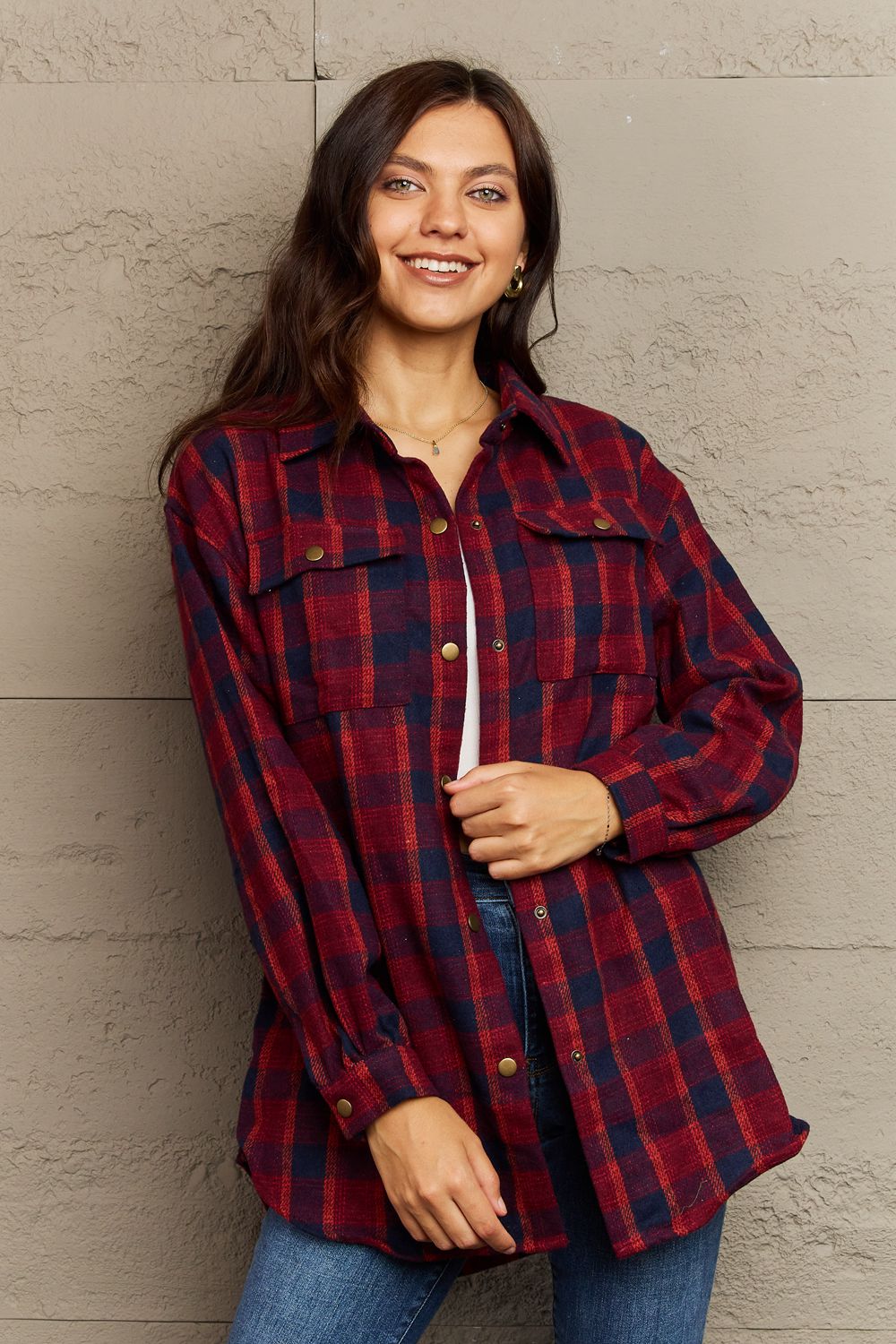 Ninexis Full Size Plaid Collared Neck Button-Down Long Sleeve Jacket