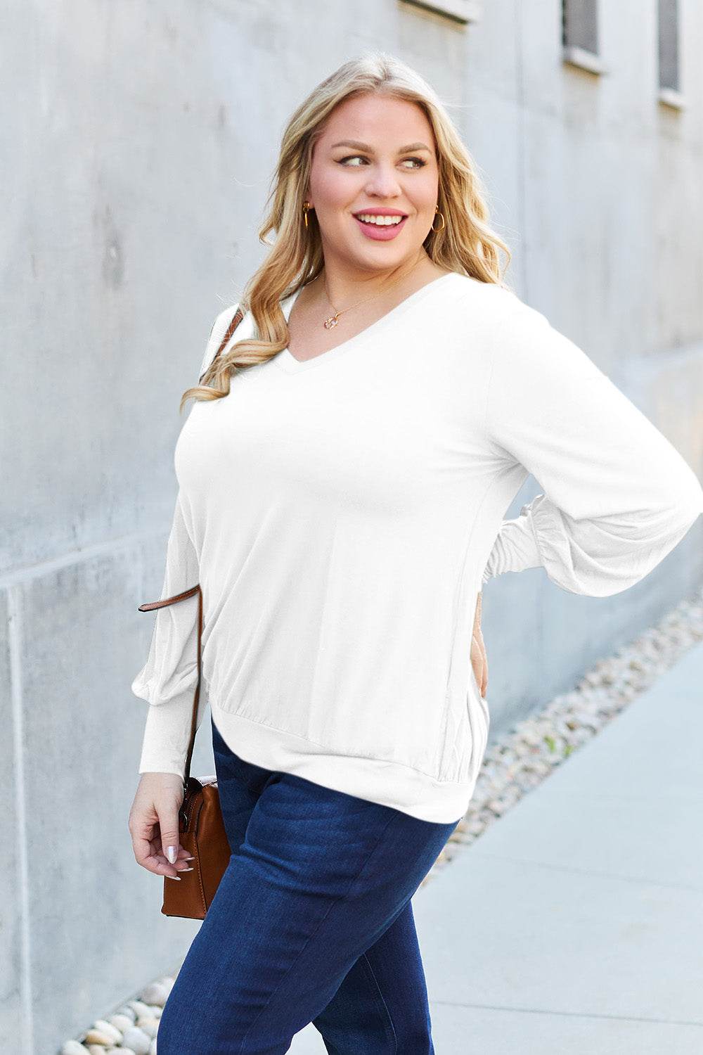 Basic Bae Full Size V-Neck Lantern Sleeve Top - DaTrendStore.Com