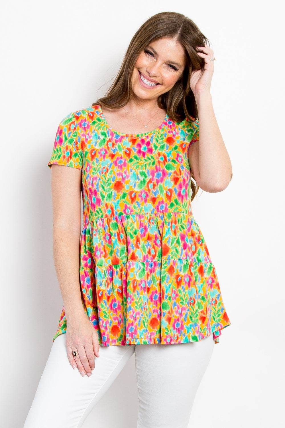 Be Stage Floral Short Sleeve Babydoll Top - DaTrendStore.Com