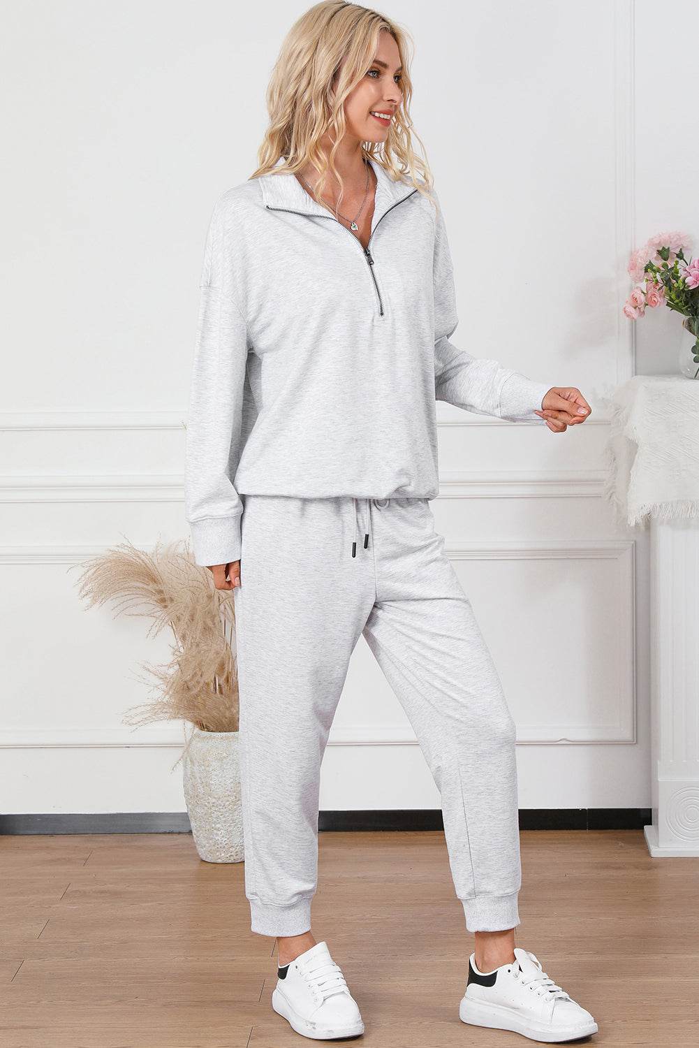 Half Zip Sweatshirt and Drawstring Sweatpants Set - DaTrendStore.Com
