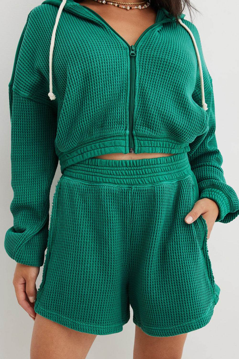 Waffle-Knit Zip Up Hoodie and Shorts Set - DaTrendStore.Com