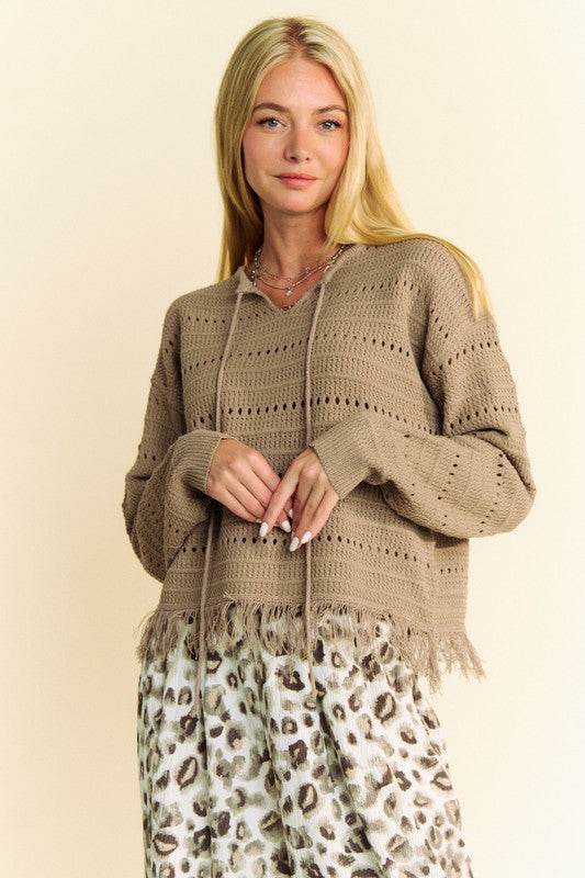Davi & Dani Fringe Hem Openwork Drop Shoulder Knit Top - DaTrendStore.Com