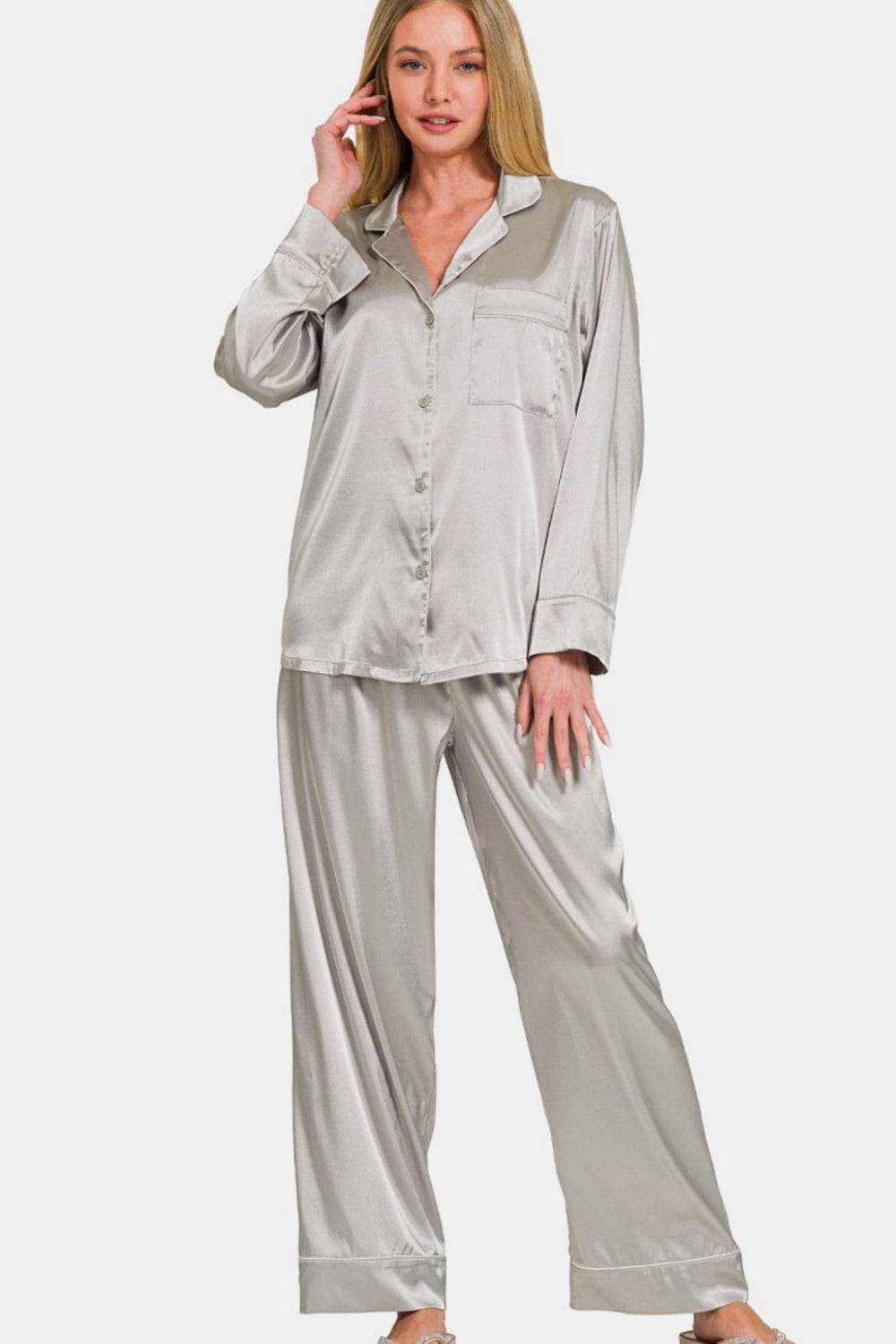 Zenana Satin Long Sleeve Shirt and Pants Pajama Set - DaTrendStore.Com