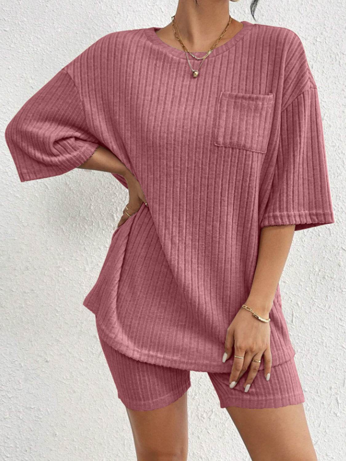 Ribbed Round Neck Top and Shorts Set - DaTrendStore.Com