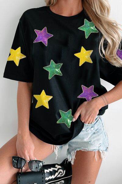 Sequin Stars Patched Round Neck T-Shirt - DaTrendStore.Com