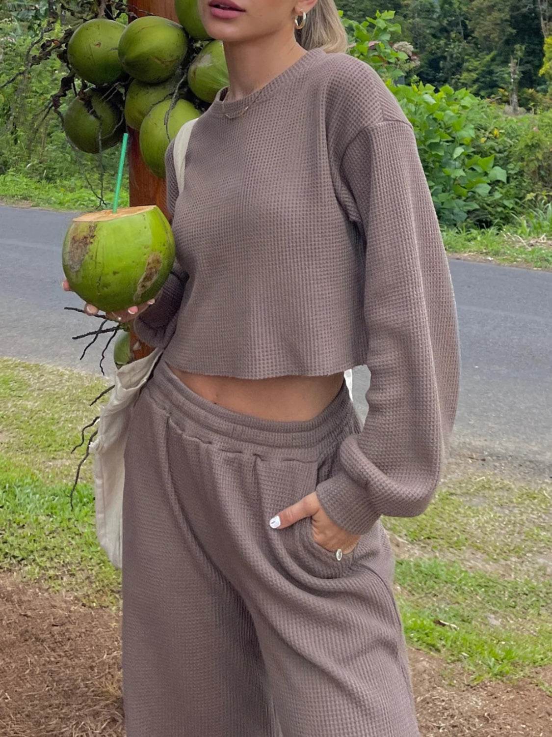 Waffle-Knit Round Neck Top and Pants Set - DaTrendStore.Com