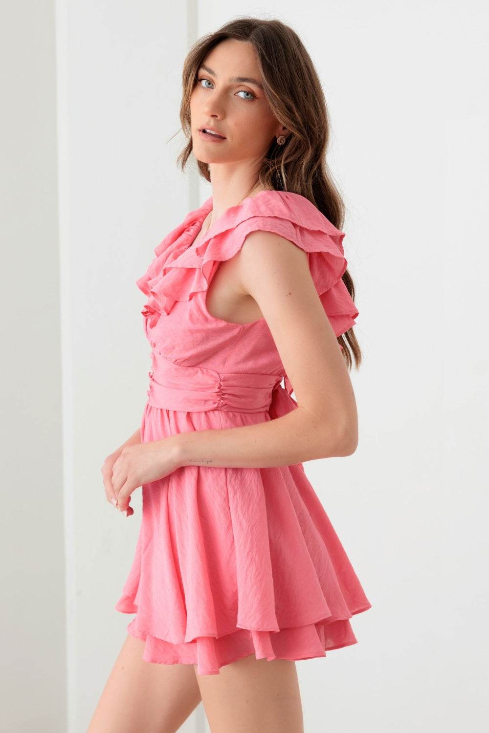 Mustard Seed Tie Back Front Button Ruffled Romper - DaTrendStore.Com