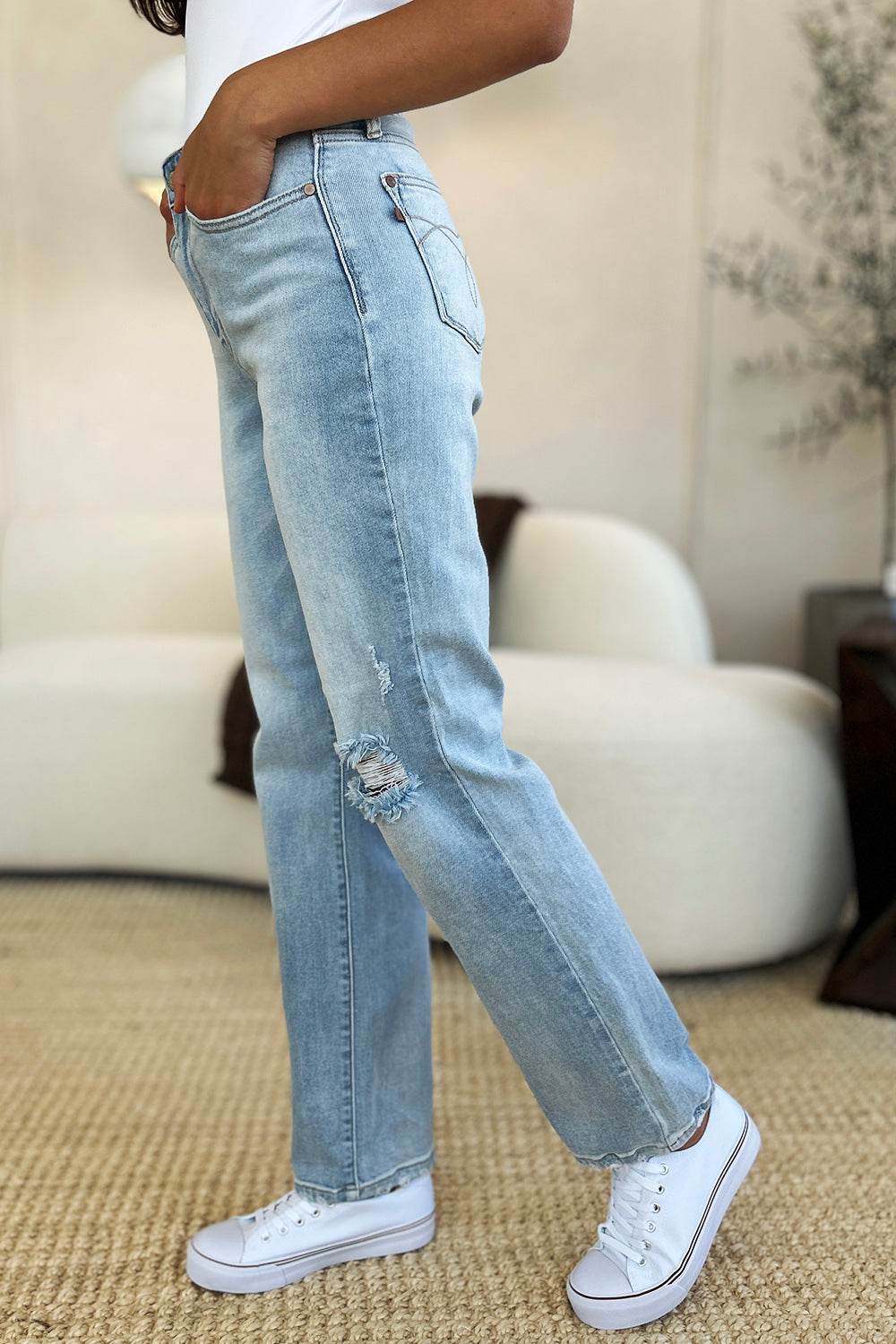 Judy Blue Full Size High Waist Distressed Straight Jeans - DaTrendStore.Com