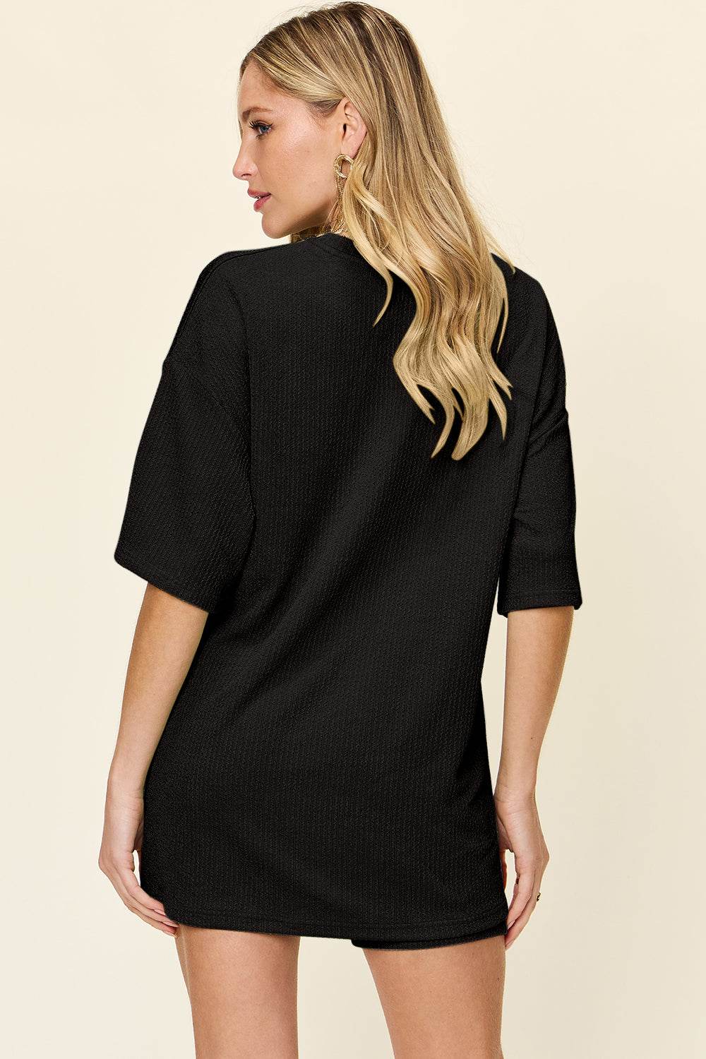 Double Take Full Size Texture Round Neck Drop Shoulder T-Shirt and Shorts Set - DaTrendStore.Com