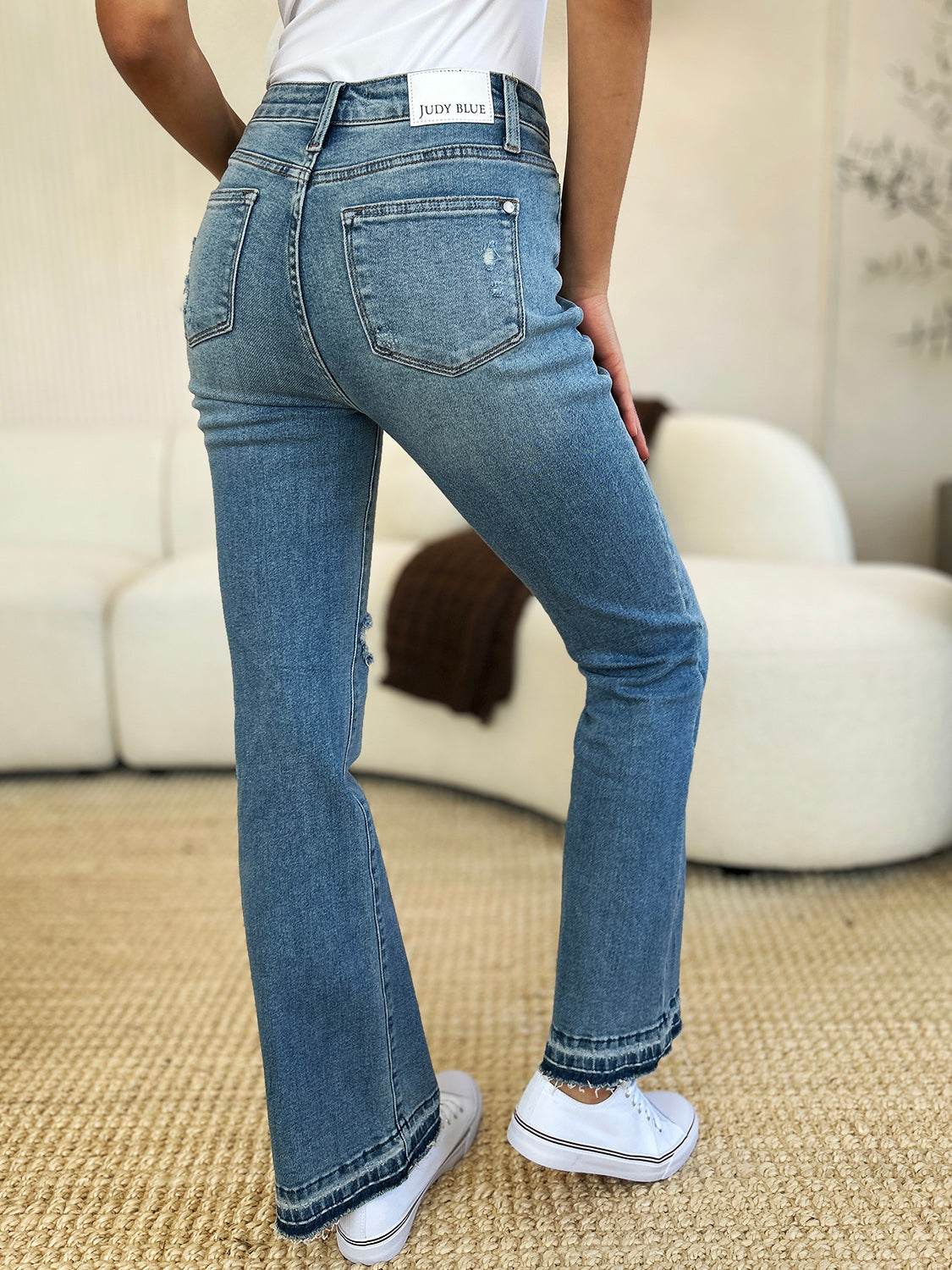 Judy Blue Full Size Mid Rise Destroyed Hem Distressed Jeans - DaTrendStore.Com