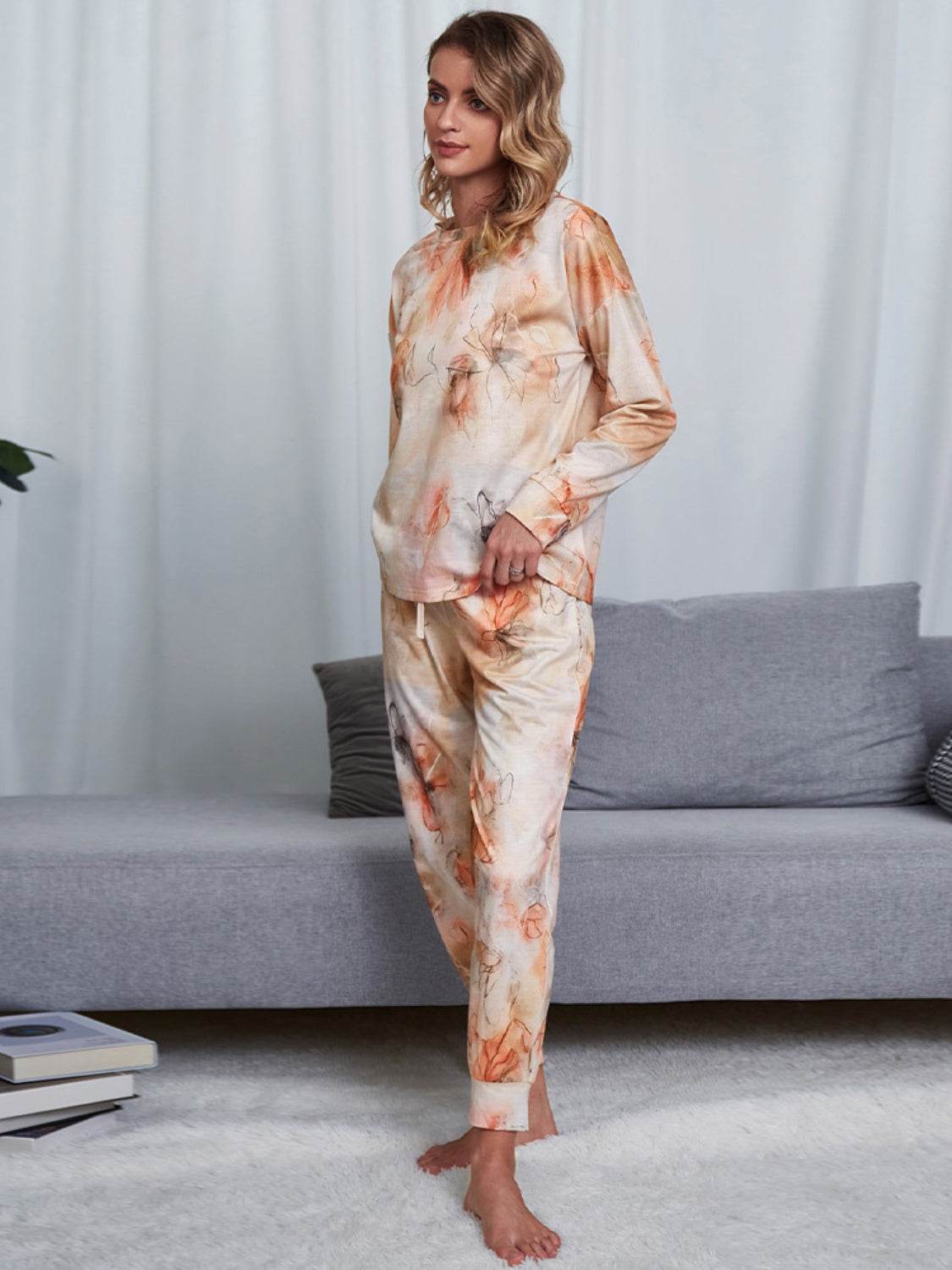 Shiny Tie-Dye Round Neck Top and Pants Lounge Set - DaTrendStore.Com