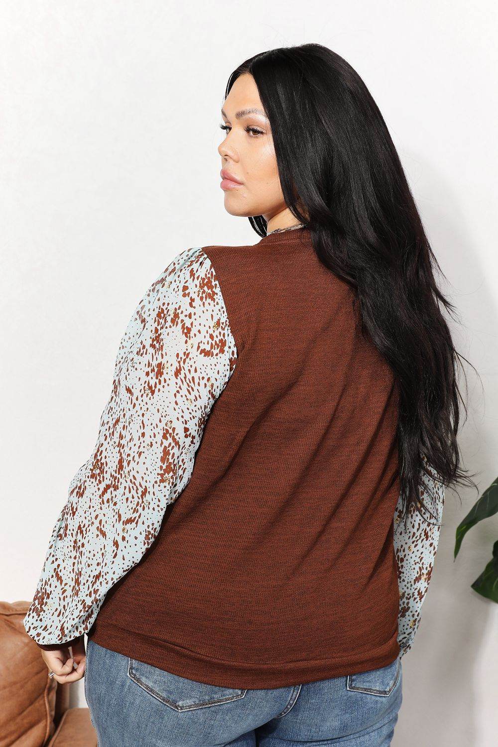 And The Why Full Size Foil Printed Sleeve Top - DaTrendStore.Com
