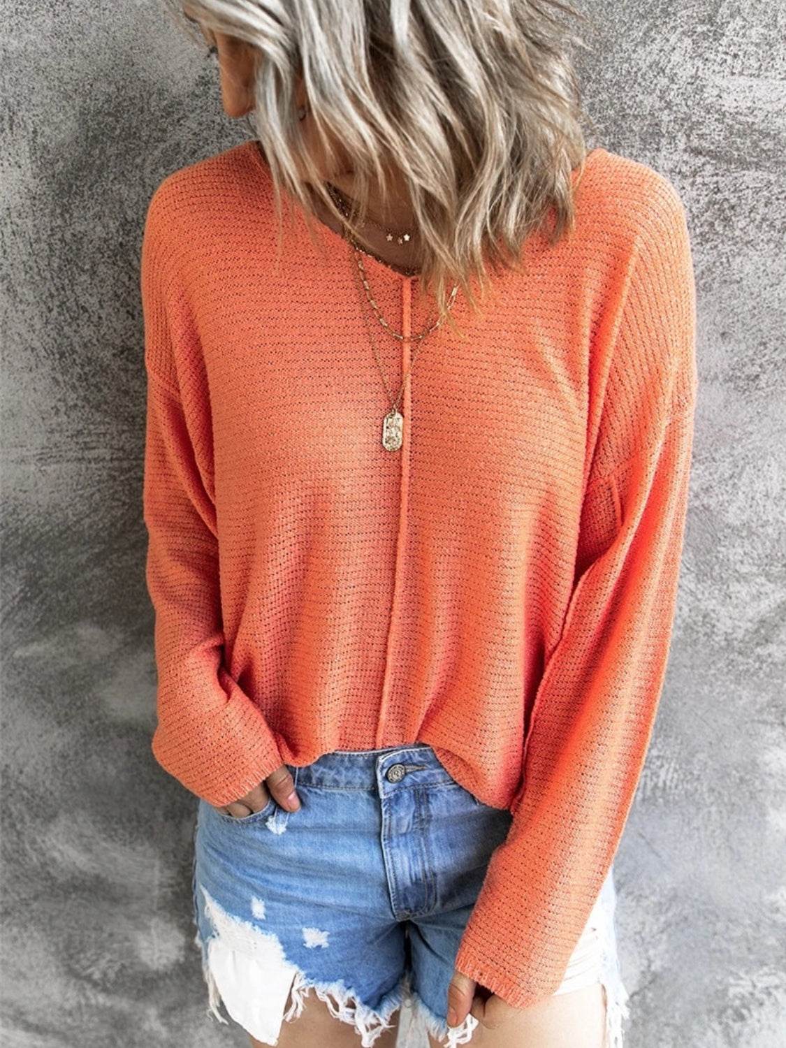 V-Neck Drop Shoulder Knit Top - DaTrendStore.Com