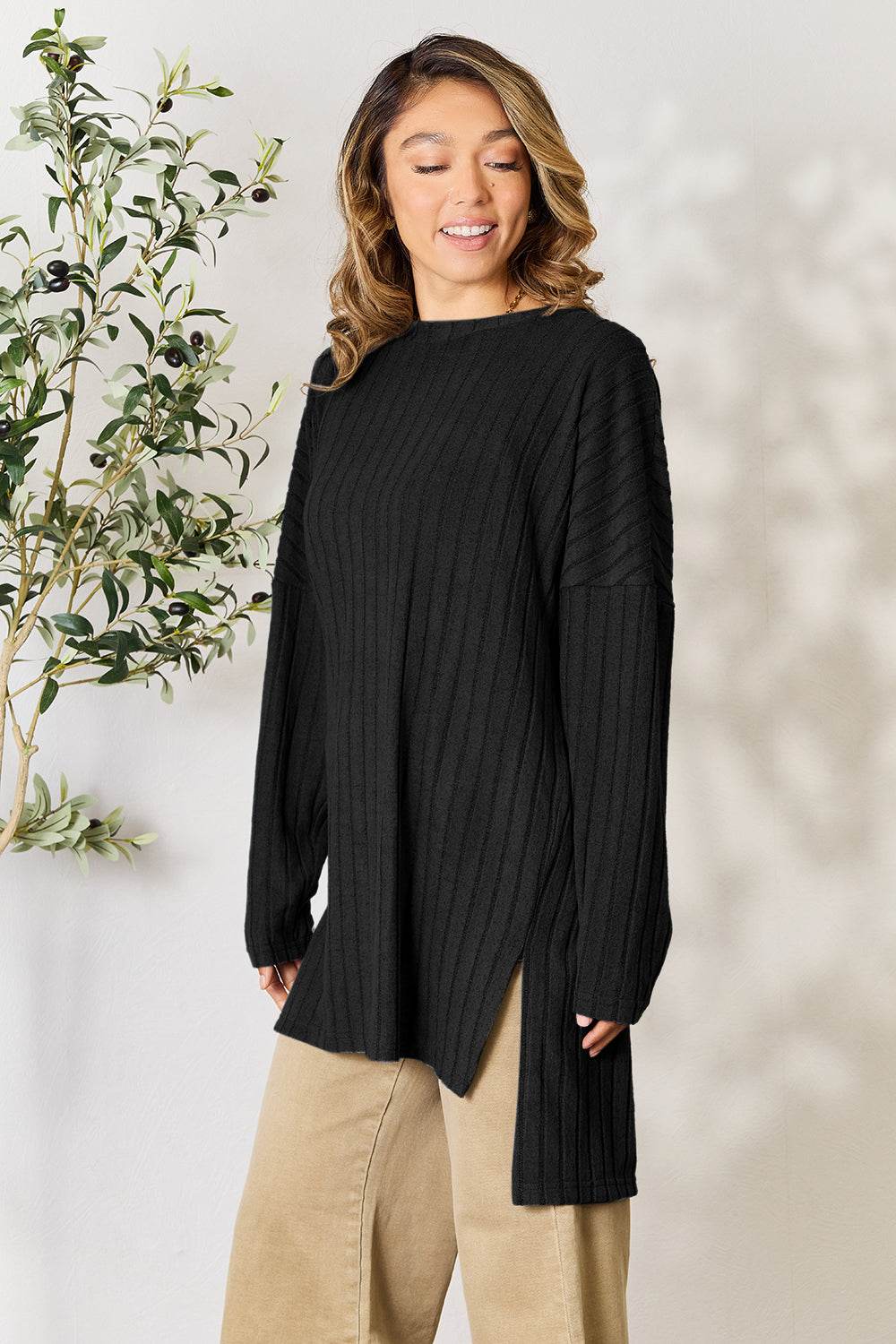 Basic Bae Full Size Ribbed Round Neck Long Sleeve Slit Top - DaTrendStore.Com