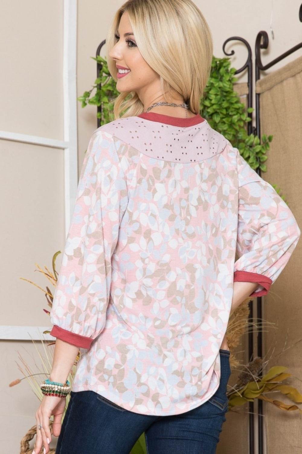 Celeste Full Size Leaf Print Contrast Trim Balloon Sleeve Top - DaTrendStore.Com