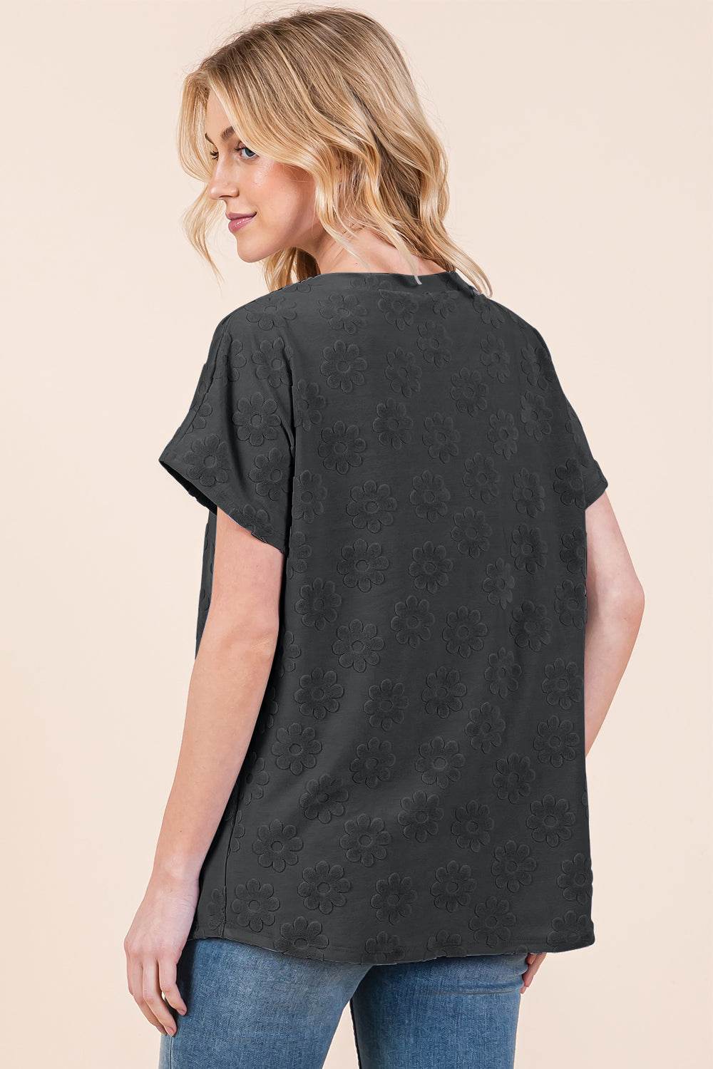 BOMBOM Textured Floral Pattern Short Sleeve T-Shirt - DaTrendStore.Com