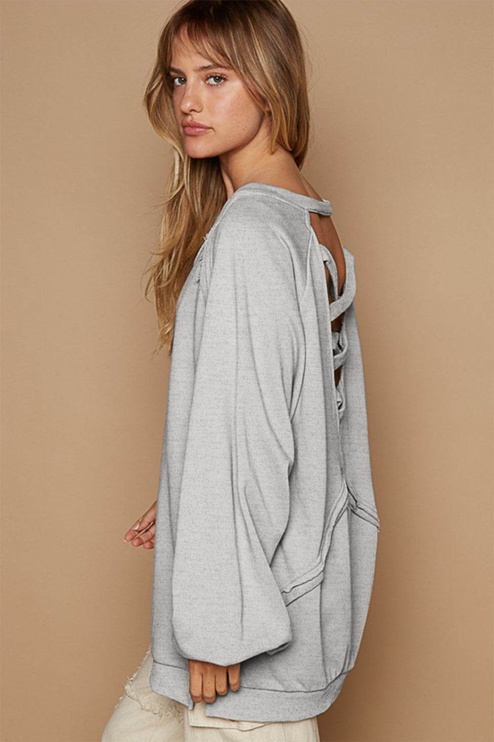 POL Back Cross Strap Detail Balloon Sleeve Sweatshirt - DaTrendStore.Com