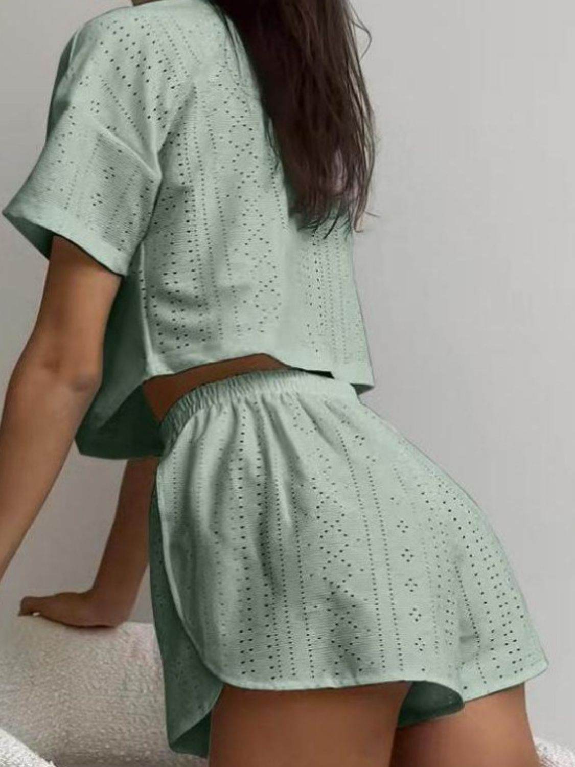Eyelet Round Neck Top and Shorts Set - DaTrendStore.Com