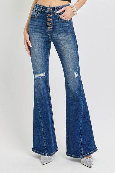 RISEN Distressed Button-Fly Flare Jeans - DaTrendStore.Com