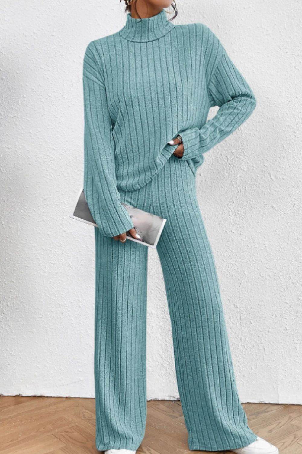 Mock Neck Dropped Shoulder Top and Pants Set - DaTrendStore.Com