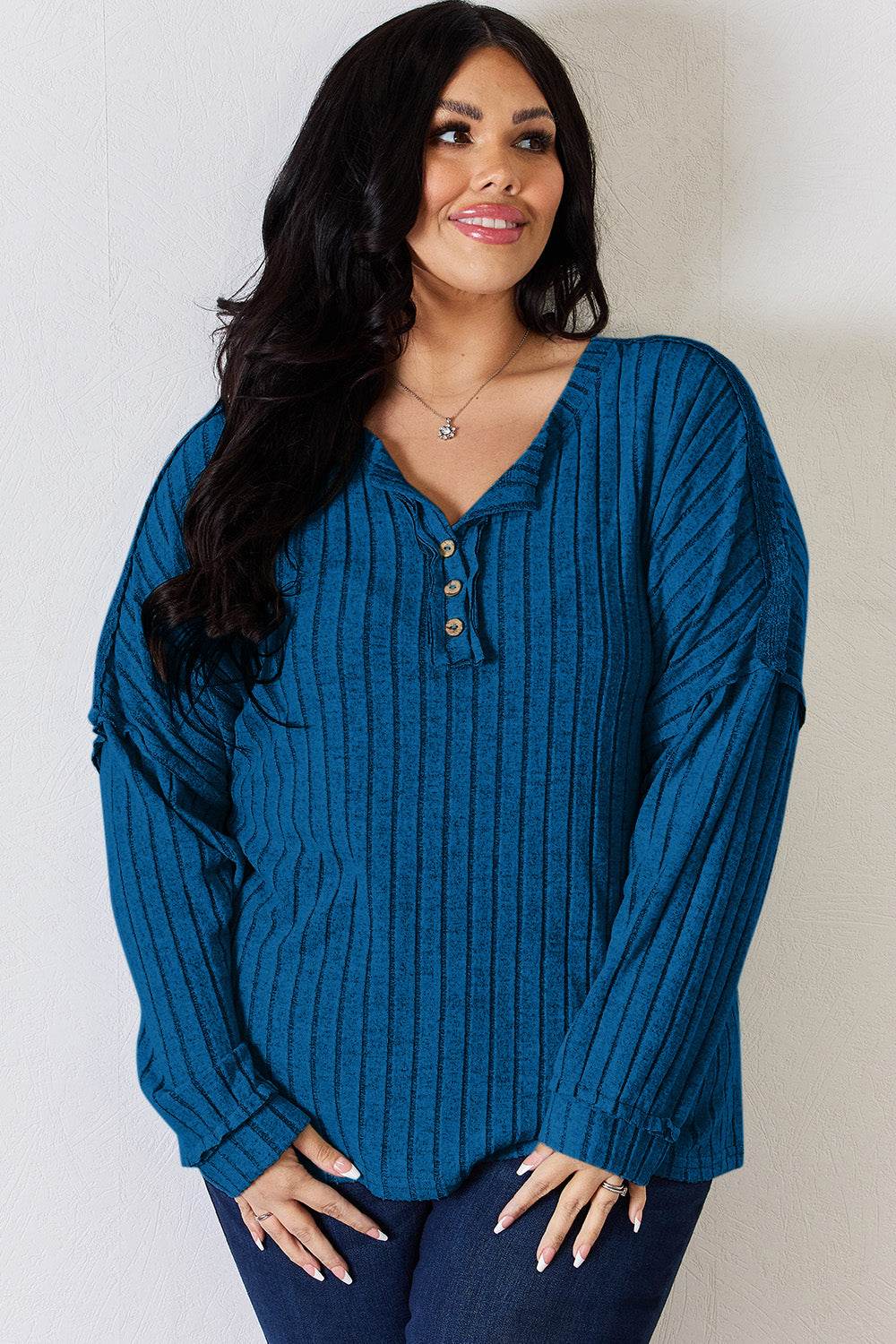 Basic Bae Full Size Ribbed Half Button Long Sleeve T-Shirt - DaTrendStore.Com