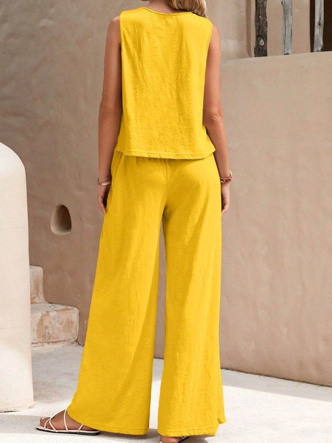Round Neck Sleeveless Top and Wide Leg Pants Set - DaTrendStore.Com