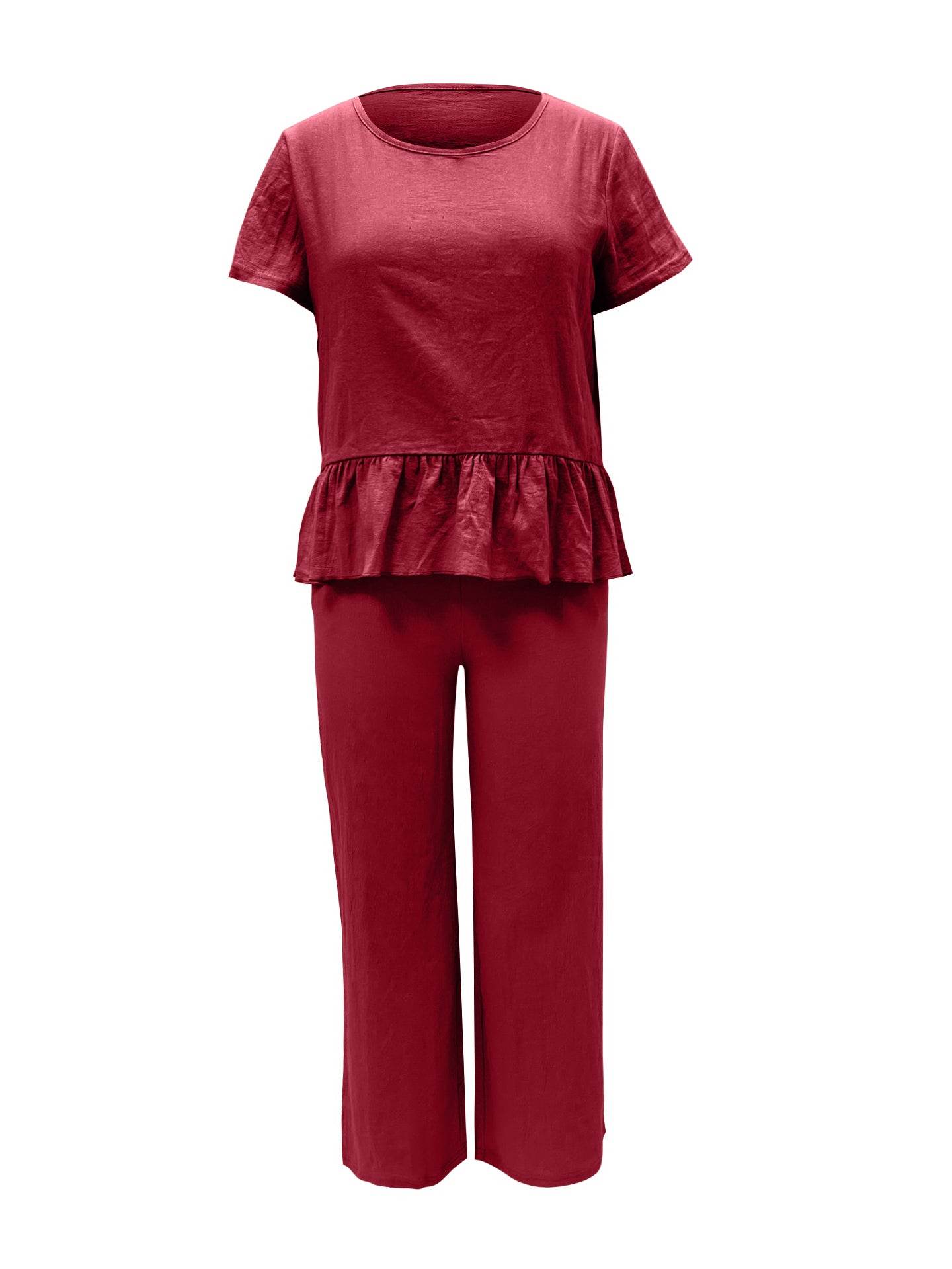 Peplum Round Neck Short Sleeve Top and Pants Set - DaTrendStore.Com