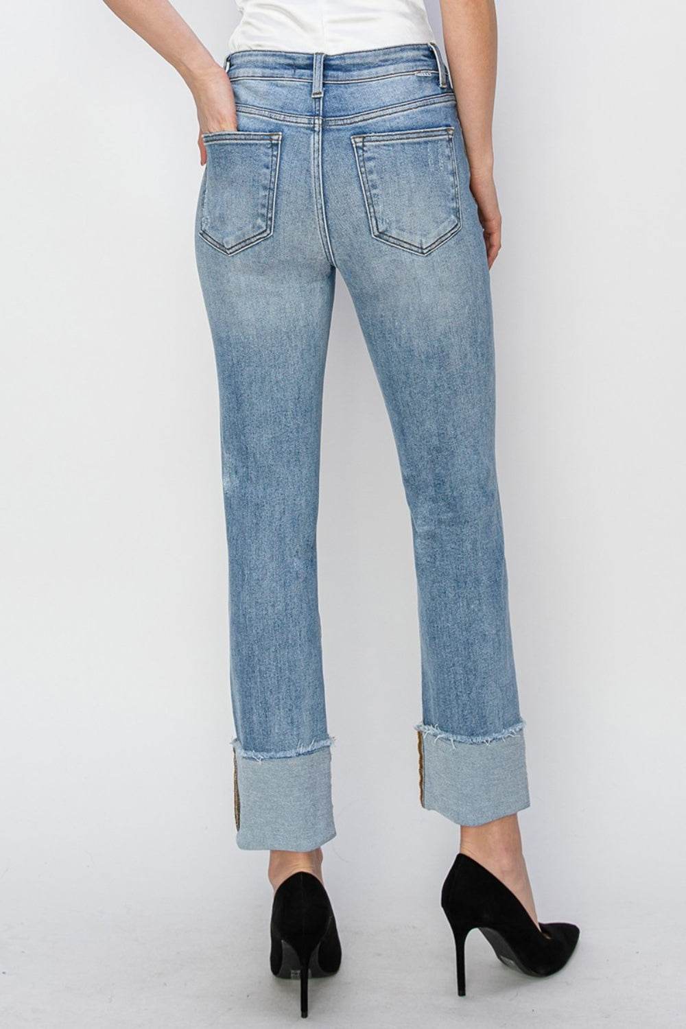 RISEN Full Size High Rise Cuffed Slim Straight Jeans - DaTrendStore.Com